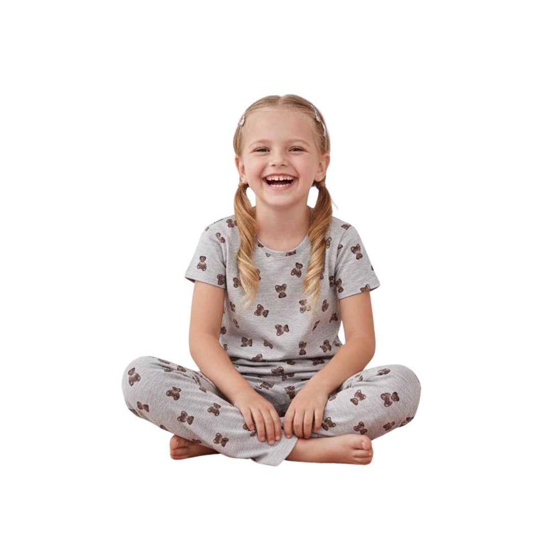 Girls Grey Teddy Bear Cotton Pyjama Set