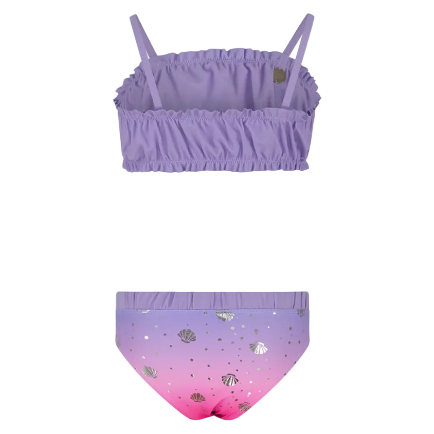 Oil And Gaz girls' purple and pink two-piece bikini set with a lavender ruffle top and ombré bottoms featuring metallic seashell prints, perfect for beach vacations and pool fun