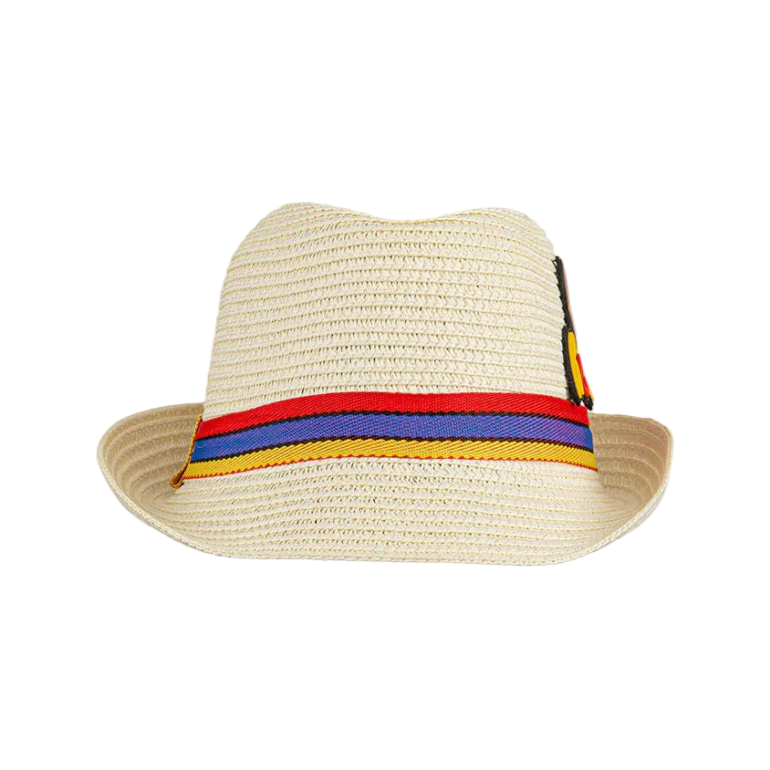 Oil And Gaz kids' blue and beige buntal straw beach hat with a colorful band, wide brim, and playful front patch, ideal for summer sun protection and outdoor activities