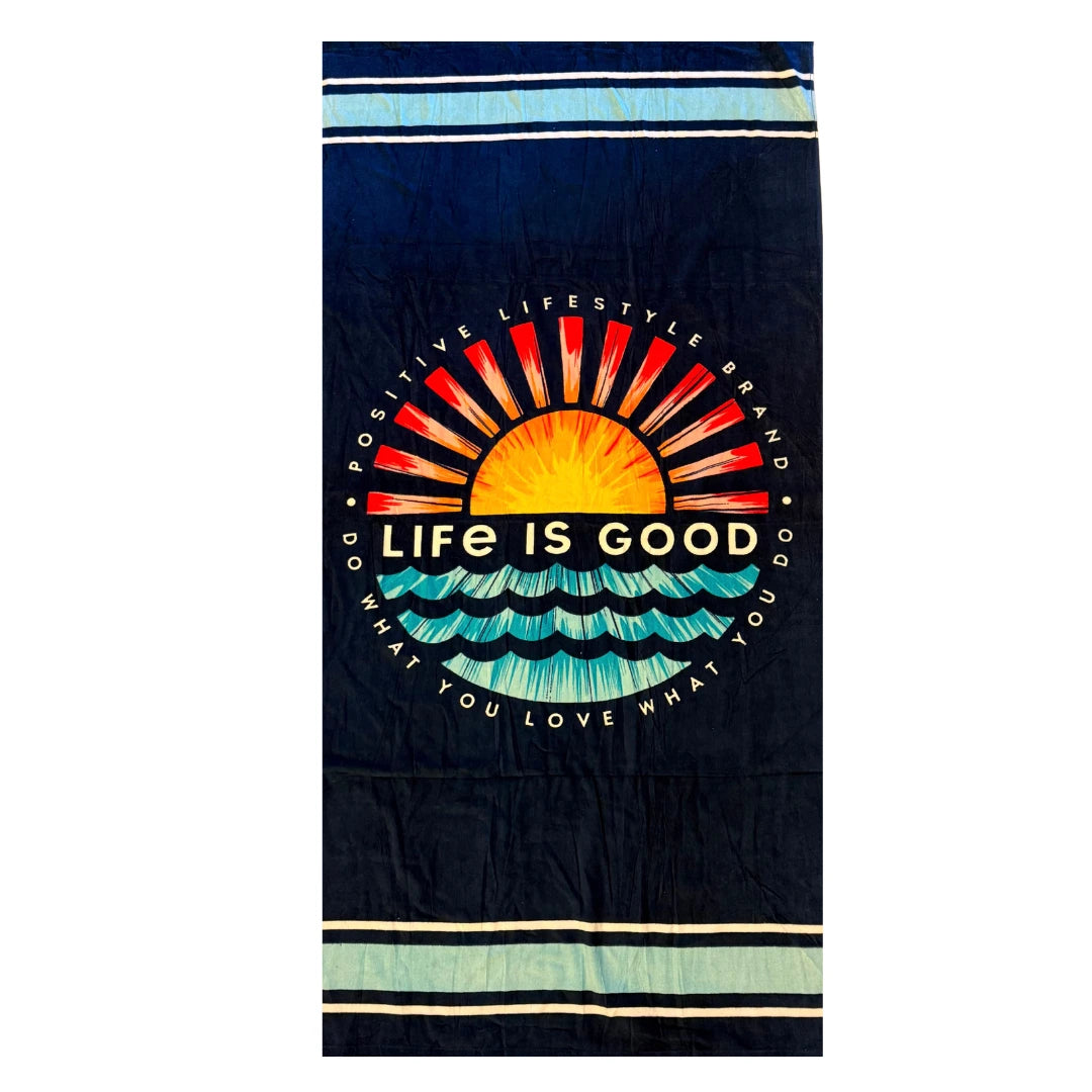 Navy beach towel with colorful 'Life is Good' unisex