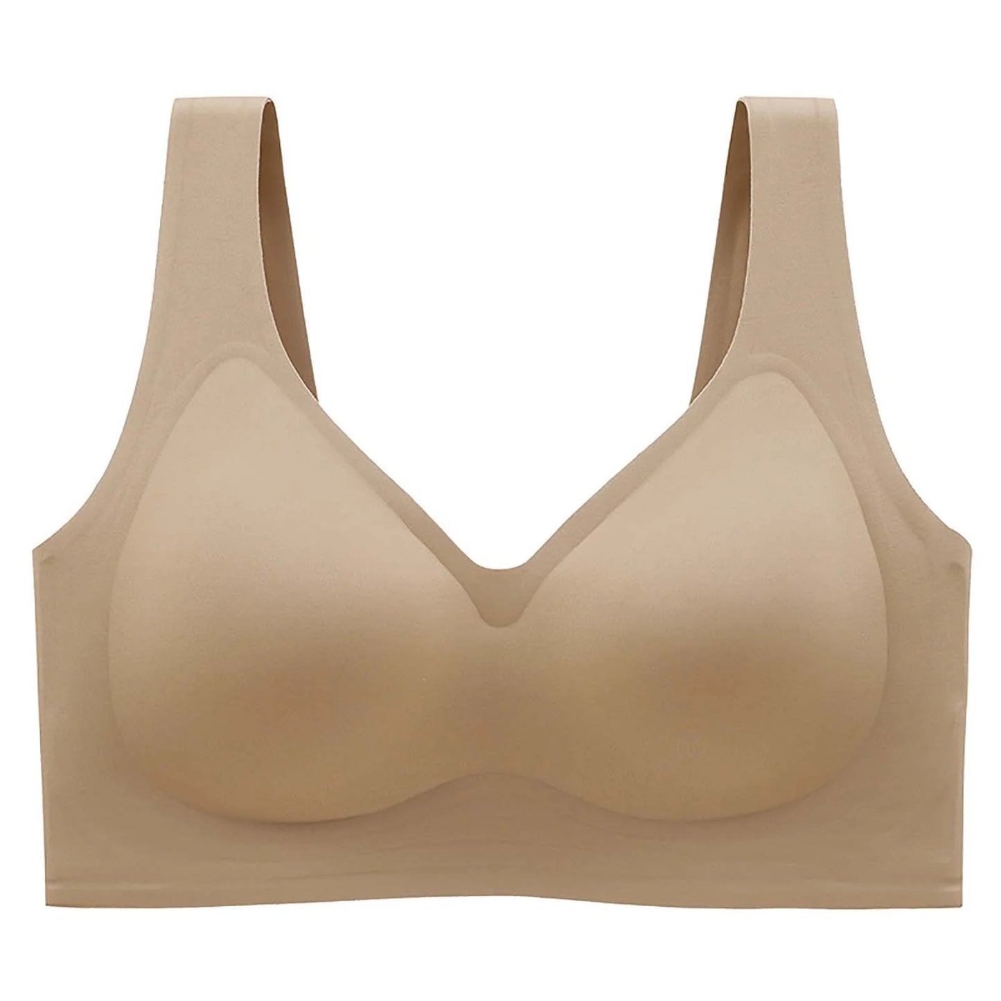 A seamless, wireless bra in a light beige/nude color, shown flat against a solid white background.