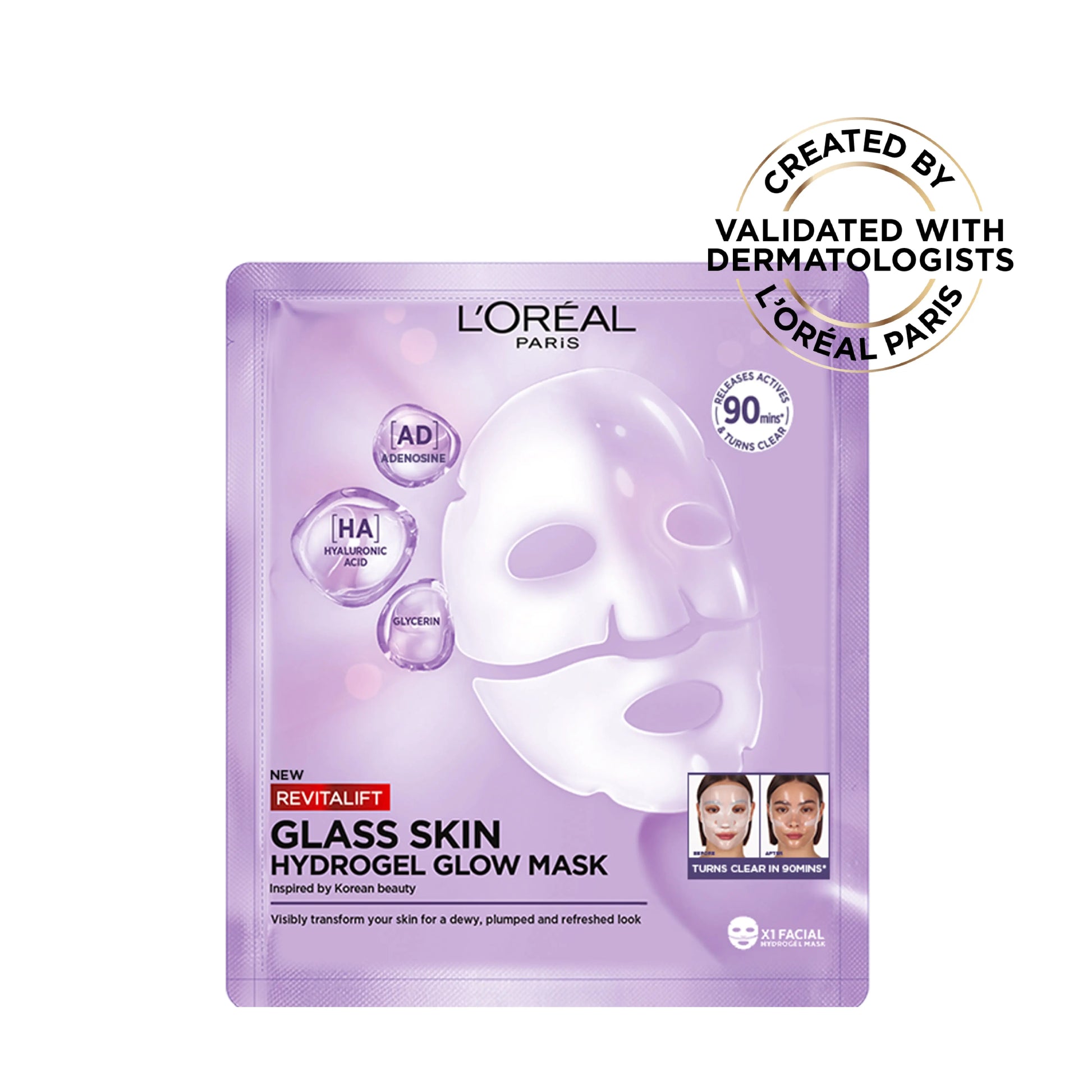 L'Oréal Revitalift Glass Skin Hydrogel Mask packaging and product image