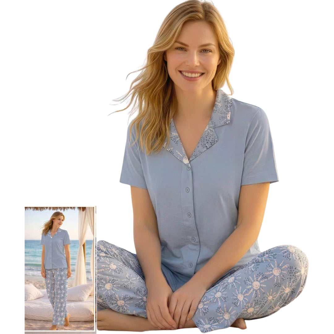 Woman wearing a light blue pajama set with lace details, 100% Cotton Long Sleeve Button-Up Pajamas