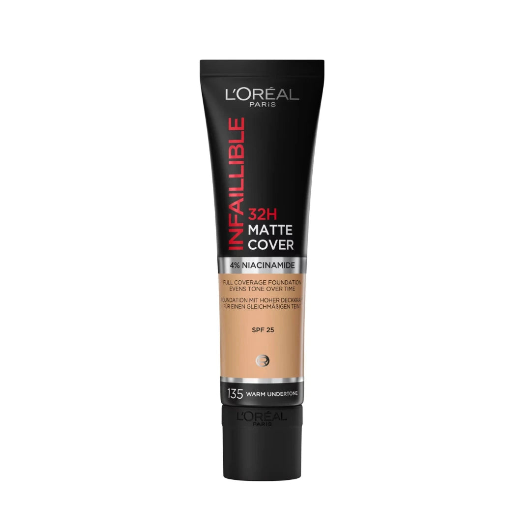 Paris Infallible 32H Matte Cover Foundation 135 Radiant Vanille SPF 25 – full coverage liquid foundation with 4% niacinamide, long-lasting matte finish, lightweight formula for light skin