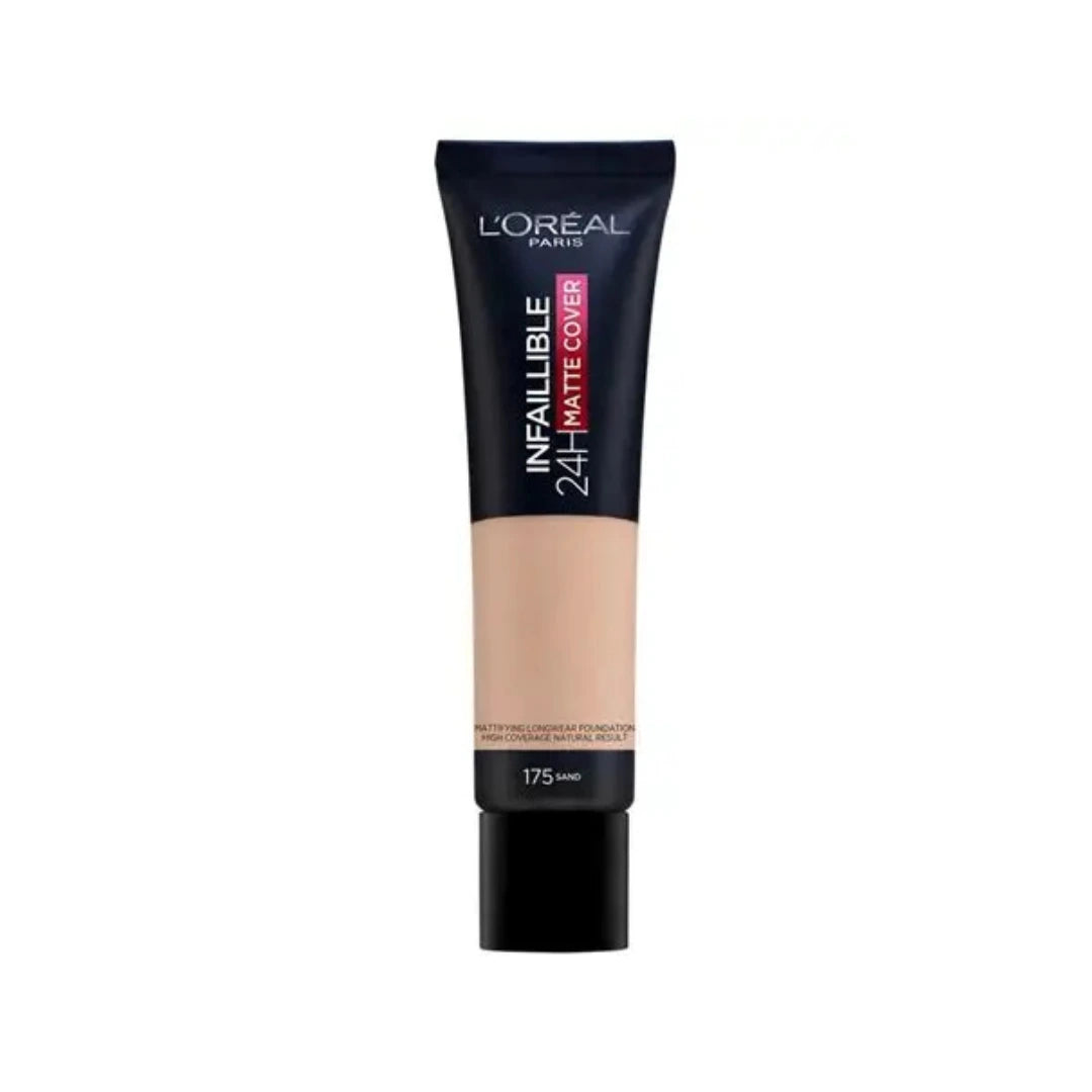 L'Oréal Paris Infallible 32H Matte Cover Foundation 175 Sand SPF 25 – full coverage liquid foundation with 4% niacinamide, long-lasting matte finish, lightweight formula for medium skin with warm undertones.