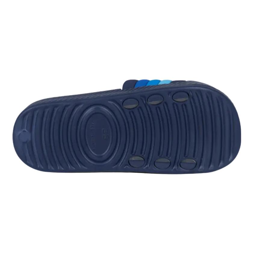 Oil And Gaz lightweight infant boys' navy beach slides with blue striped straps, cushioned footbed, and textured non-slip sole, ideal for beach, pool, and everyday summer 