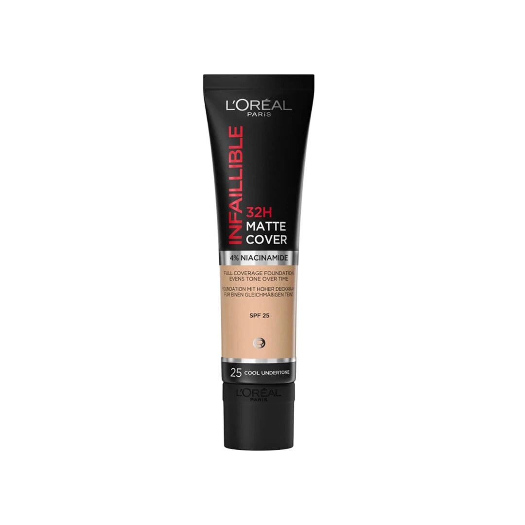 L'Oréal Paris Infallible 32H Matte Cover Foundation 25 Rose Ivory SPF 25 – full coverage liquid foundation with 4% niacinamide, long-lasting matte finish, lightweight formula for fair skin with rosy undertones
