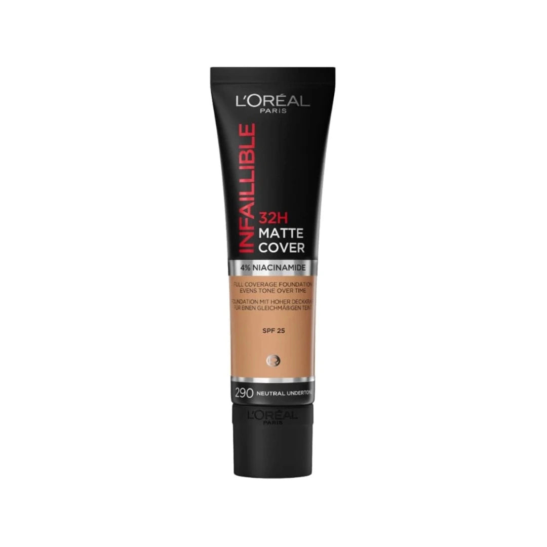 L'Oréal Paris Infallible 32H Matte Cover Foundation 290 Golden Amber SPF 25 – full coverage liquid foundation with 4% niacinamide, long-lasting matte finish, lightweight formula for tan to deep skin with warm golden undertones.