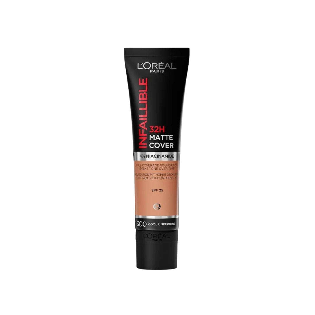 L'Oréal Paris Infallible 32H Matte Cover Foundation 300 Amber SPF 25 – full coverage liquid foundation with 4% niacinamide, long-lasting matte finish, lightweight formula for deep skin with warm amber undertones.
