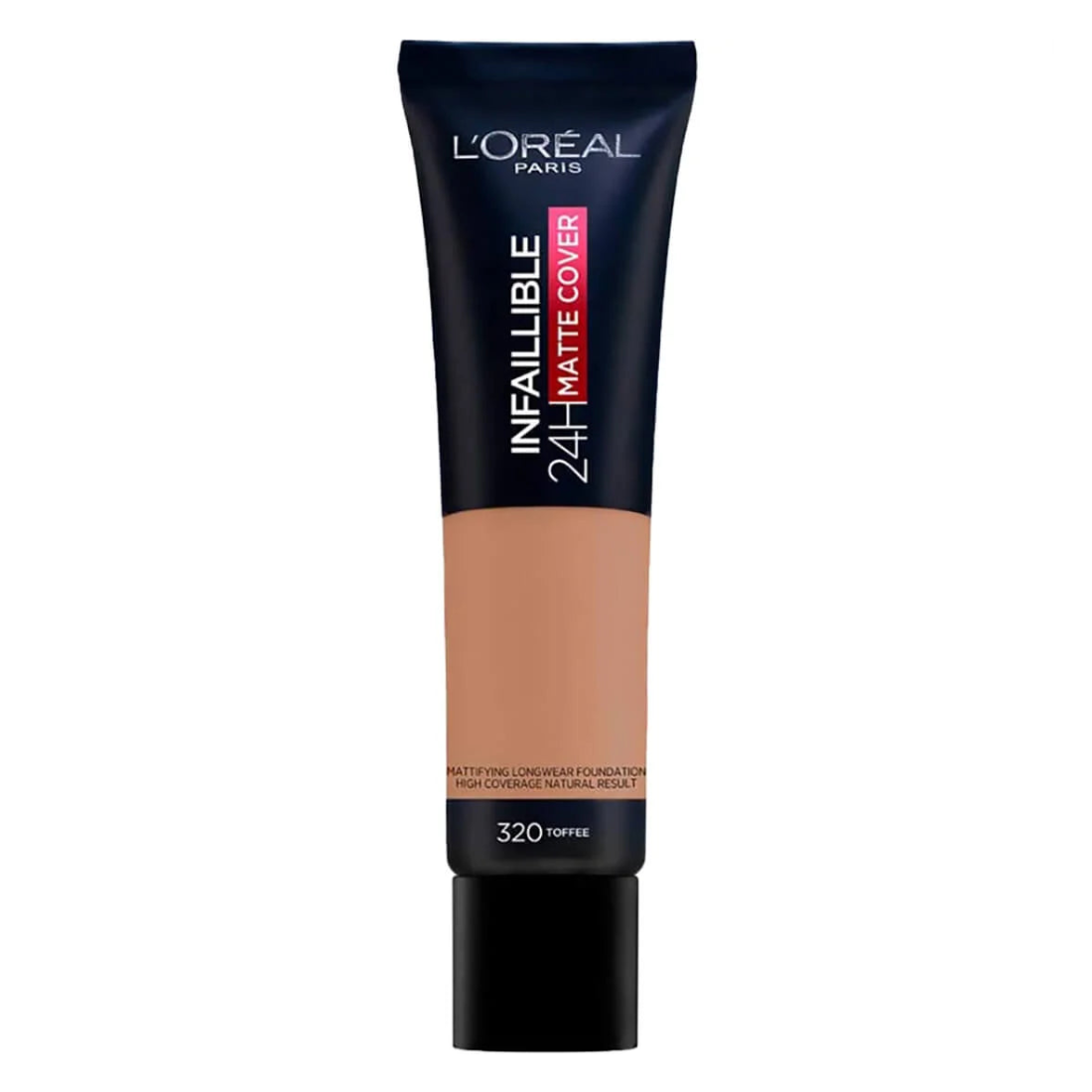 L'Oréal Paris Infallible 32H Matte Cover Foundation 320 Caramel Toffee SPF 25 – full coverage liquid foundation with 4% niacinamide, long-lasting matte finish, lightweight formula for deep skin with warm caramel undertones
