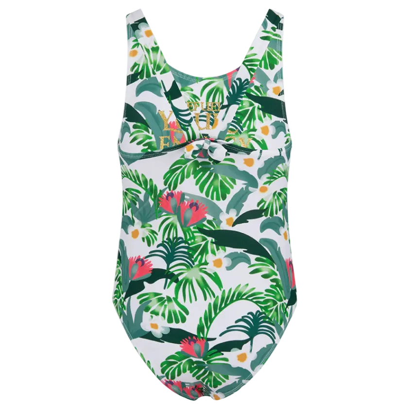 Oil And Gaz girls' green and white tropical one-piece monokini featuring colorful floral leaves and a gold graphic print, ideal for beach vacations and swimming.