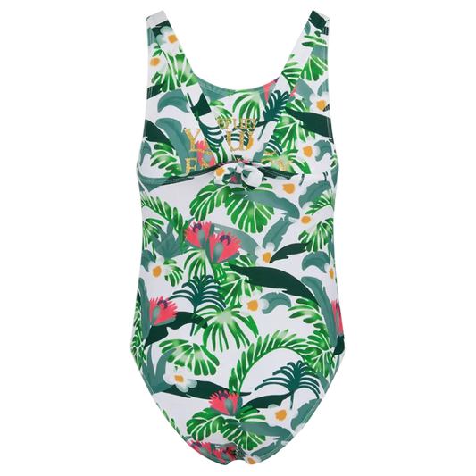 Oil And Gaz girls' green and white tropical one-piece monokini featuring colorful floral leaves and a gold graphic print, ideal for beach vacations and swimming.