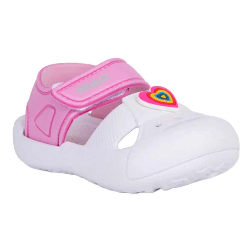 Oil And Gaz infant girls' pink and white beach clogs with an adjustable hook-and-loop strap, colorful decorative charm, lightweight EVA construction, and a non-slip sole for summer play and water activities.