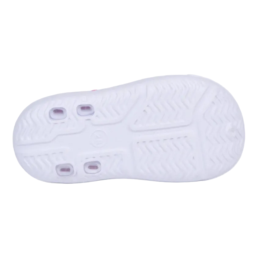 Oil And Gaz infant girls' pink and white beach clogs with an adjustable hook-and-loop strap, colorful decorative charm, lightweight EVA construction, and a non-slip sole for summer play and water activities