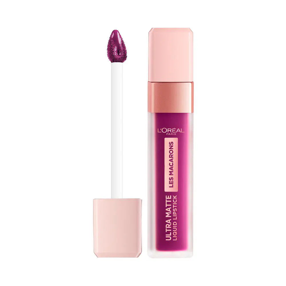 L'Oréal Paris Les Macarons Ultra Matte Liquid Lip Tint in a vibrant magenta shade, shown with the applicator wand and its light pink cap on a clean white background.