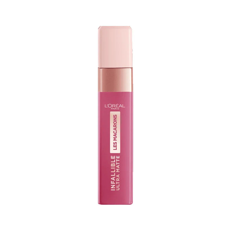 L'Oréal Paris Infallible Les Macaroni Ultra Matte lipstick in a pink tube with a metallic rose gold band and a pale pink cap, shown on a plain white background.