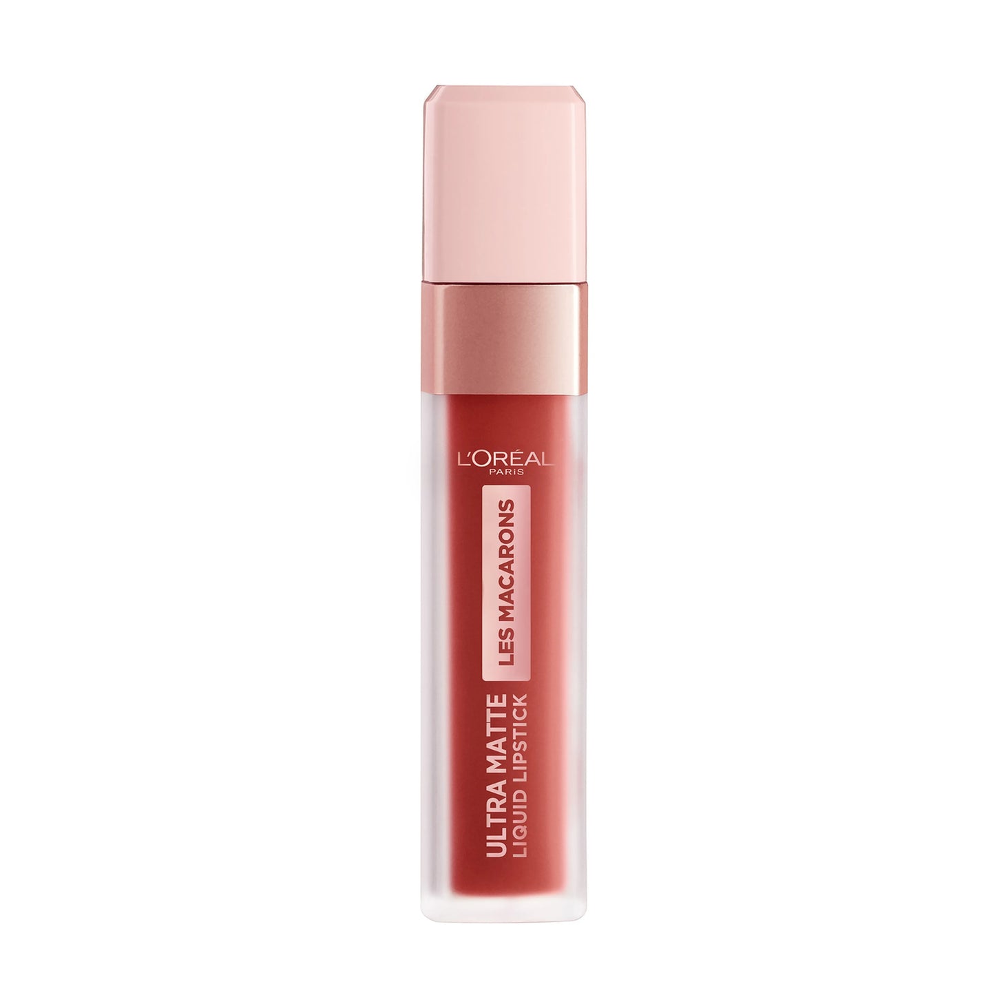L'Oréal Paris L'Real Ultra Matte Liquid Lipstick in the shade Les Macarons, featuring a clear tube showing the coral pink lipstick inside and a matching pale pink cap, set against a plain white background.