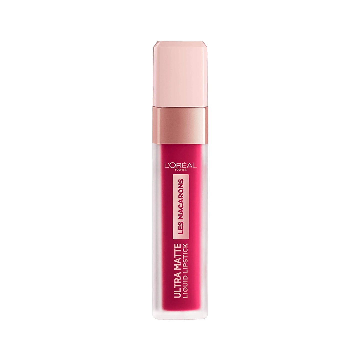 L'Oréal Paris L'Ultima Matte Liquid Lipstick in the shade Les Macarone, featuring a vibrant pink tube with a pale pink cap and rose gold metallic band.