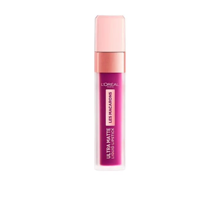 L'Oréal Paris L'Or Ultra Matte Liquid Lipstick in the shade Les Macaronis, featuring a pink cap and a metallic rose gold collar on a white background.