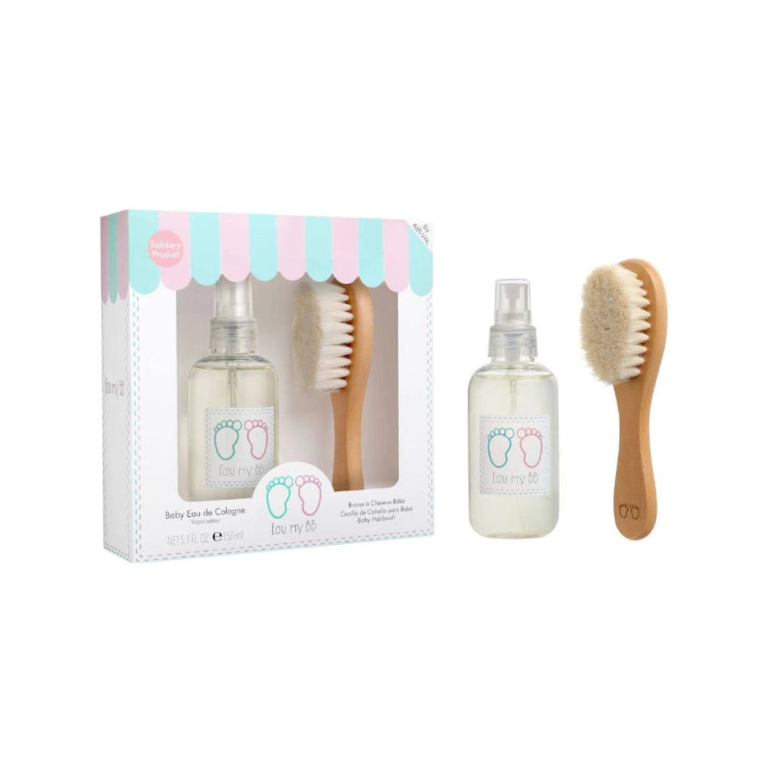 Baby hair care set including a boxed spray bottle, a clear spray bottle, and two wooden baby brushes with white bristles, shown on a white background.