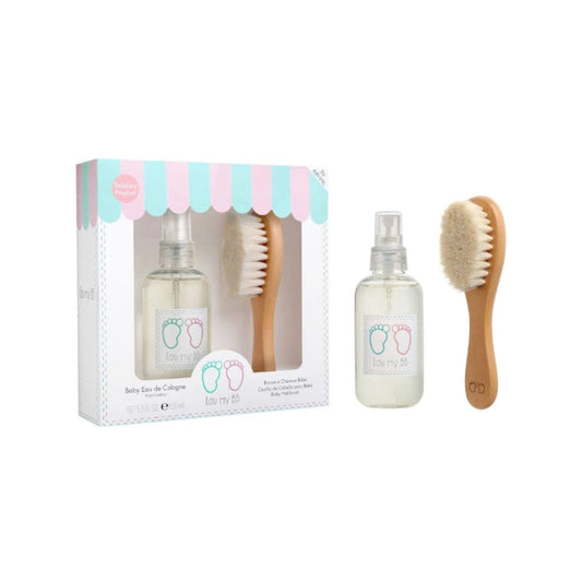 Baby hair care set including a boxed spray bottle, a clear spray bottle, and two wooden baby brushes with white bristles, shown on a white background.