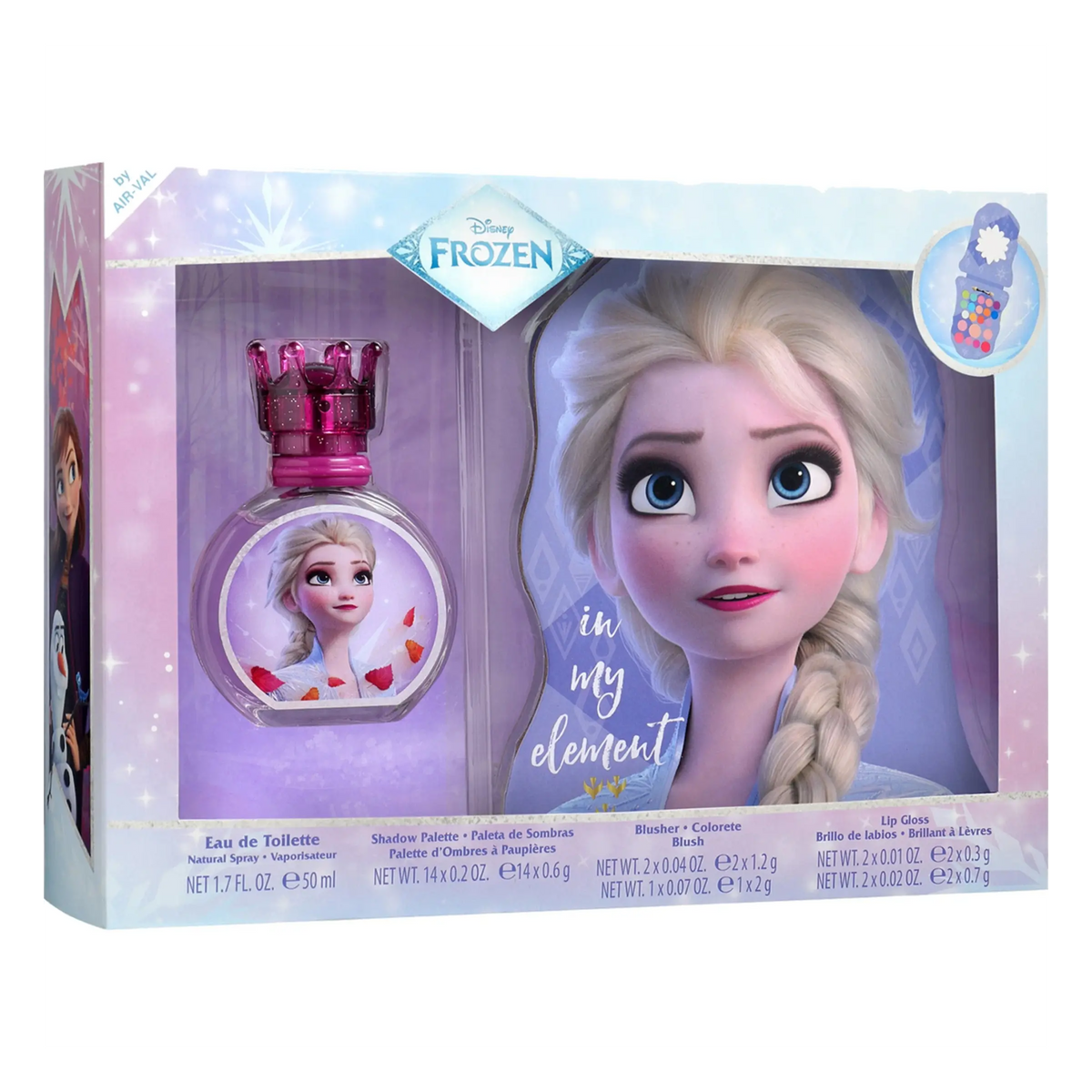 Disney Frozen 'In My Element' gift set in its original retail packaging, featuring a pink-capped perfume bottle and a shadow/facial makeup brush with Elsa artwork.