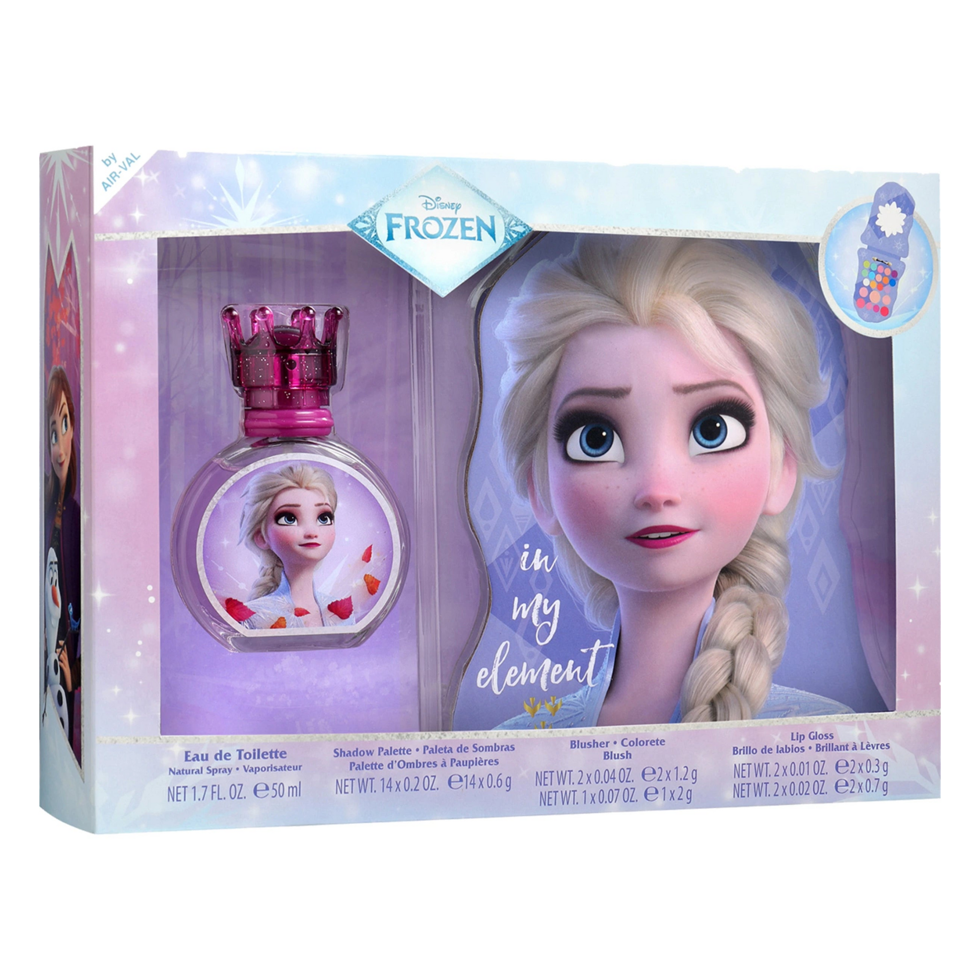 Disney Frozen 'In My Element' gift set in its original retail packaging, featuring a pink-capped perfume bottle and a shadow/facial makeup brush with Elsa artwork.