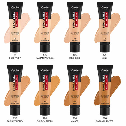 L'Oréal Paris Infallible 24H Matte Cover Full Coverage Liquid Foundation in multiple shades with a long-lasting matte finish.