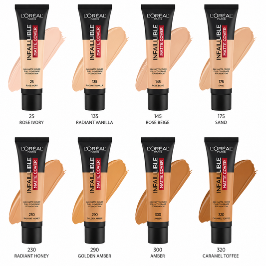 L'Oréal Paris Infallible 24H Matte Cover Full Coverage Liquid Foundation in multiple shades with a long-lasting matte finish.