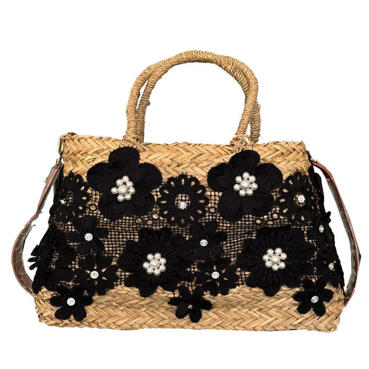 straw bag black floral 