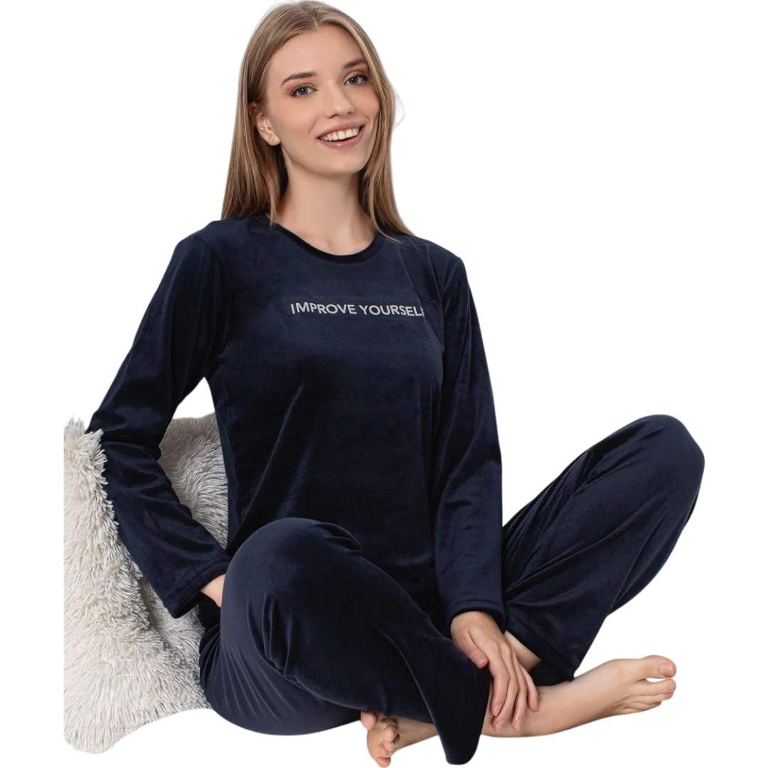 Navy Velour Pajama Set For Women