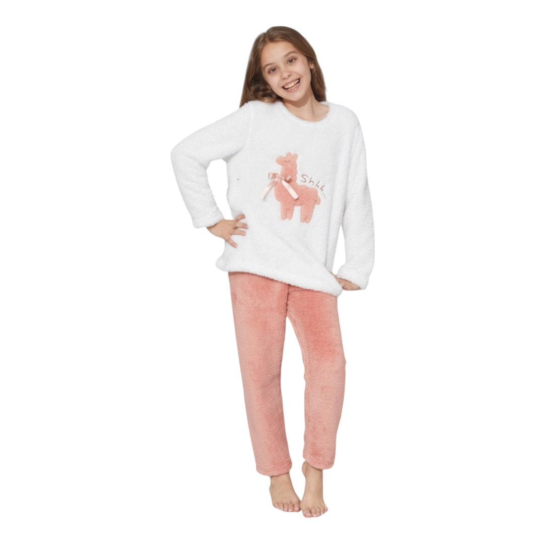 Fluffy Warm White & Corail Pajama For Kids