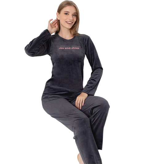 Grey Velour Pajama Set For Women