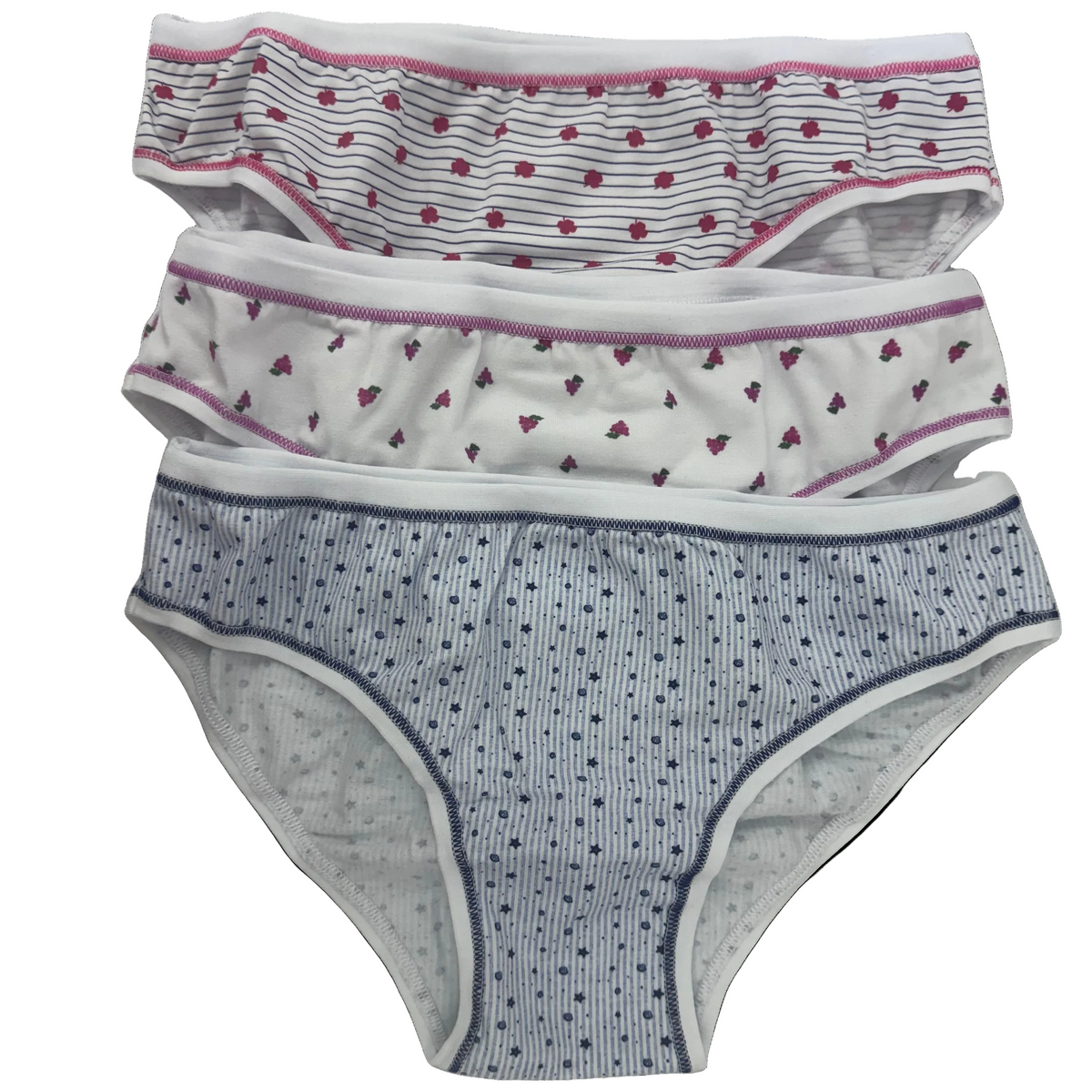 Folded 100% cotton girls' underwear in size small, medium large