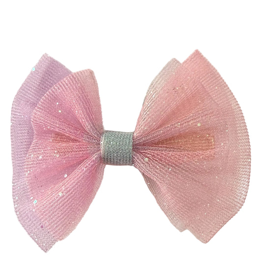 Handmade pink glitter tulle boutique hair bow with a light gray center wrap for babies, toddlers, and girls.