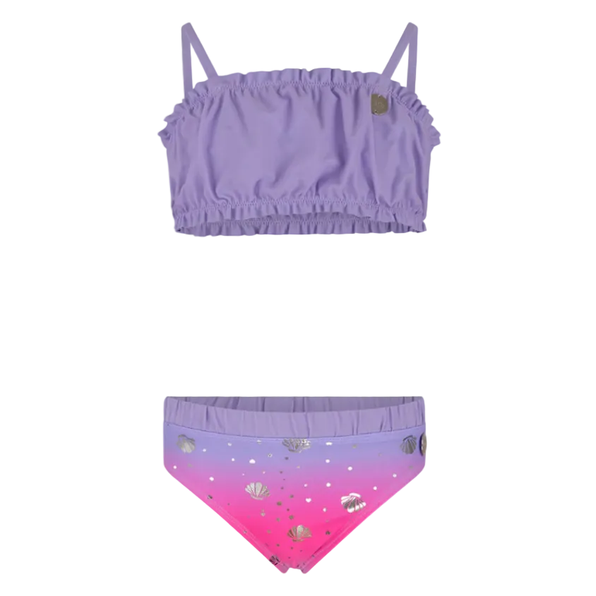 Oil And Gaz girls' purple and pink two-piece bikini set with a lavender ruffle top and ombré bottoms featuring metallic seashell prints, perfect for beach vacations and pool fun.