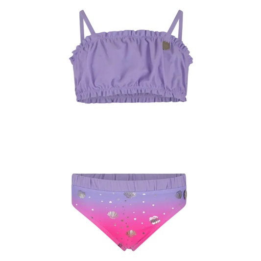 Oil And Gaz girls' purple and pink two-piece bikini set with a lavender ruffle top and ombré bottoms featuring metallic seashell prints, perfect for beach vacations and pool fun.
