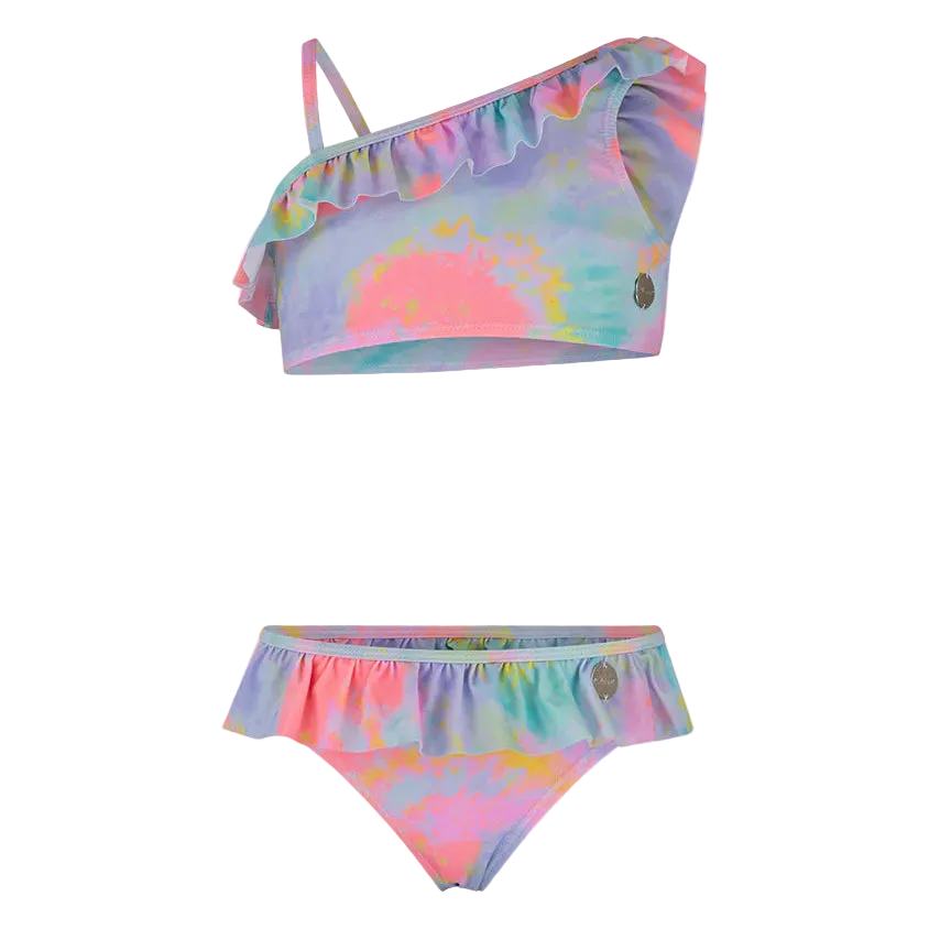 Oil And Gaz Girls Multi Color Bikini Set | One-Shoulder Kids Beach Swimwear