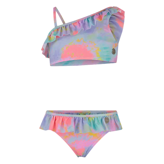 Oil And Gaz Girls Multi Color Bikini Set | One-Shoulder Kids Beach Swimwear