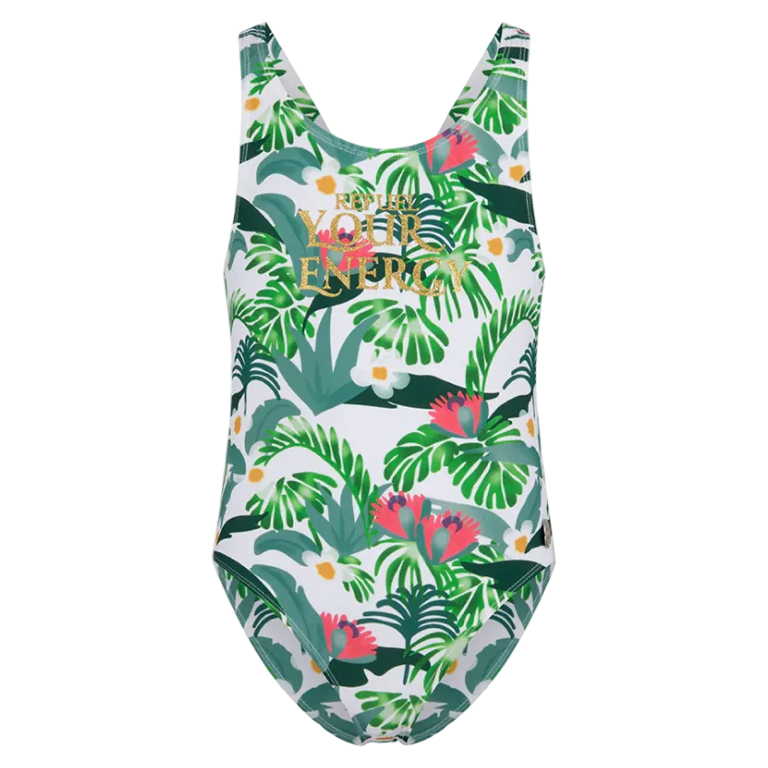 Oil And Gaz girls' green and white tropical one-piece monokini featuring colorful floral leaves and a gold graphic print, ideal for beach vacations and swimming.
