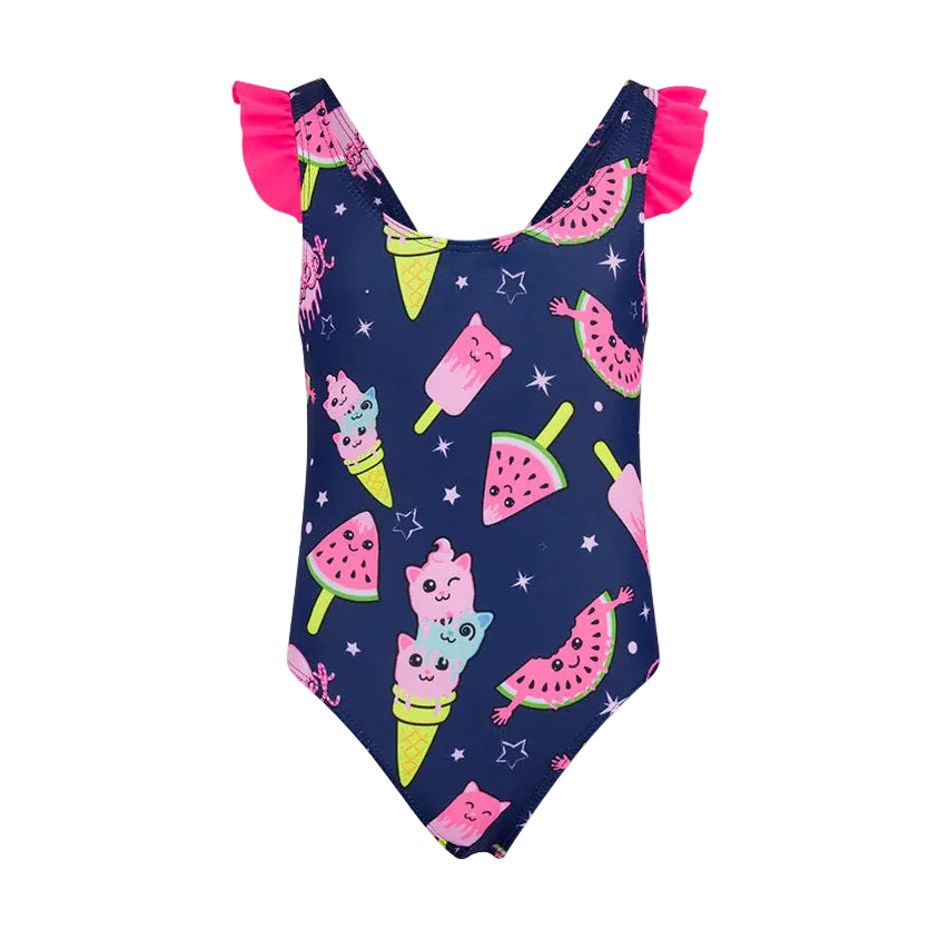 Oil And Gaz girls' navy one-piece swimsuit with colorful watermelon, ice cream, and cute character print, featuring pink ruffle straps for beach and pool activities.