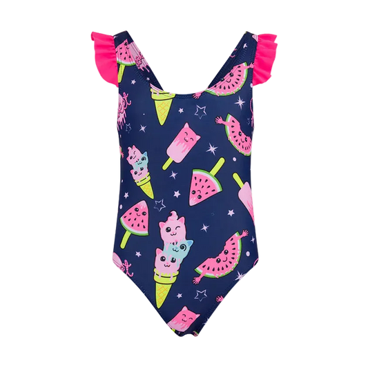 Oil And Gaz girls' navy one-piece swimsuit with colorful watermelon, ice cream, and cute character print, featuring pink ruffle straps for beach and pool activities.