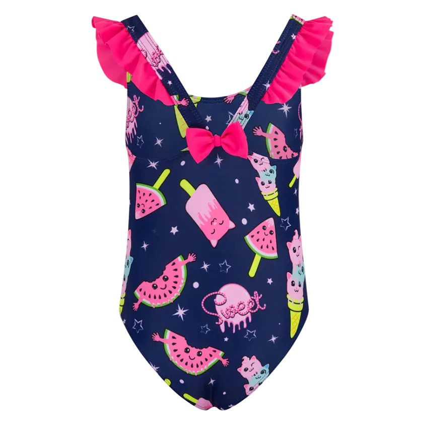 Oil And Gaz girls' navy one-piece swimsuit with colorful watermelon, ice cream, and cute character print, featuring pink ruffle straps for beach and pool activitie