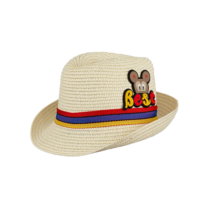 Oil And Gaz kids' blue and beige buntal straw beach hat with a colorful band, wide brim, and playful front patch, ideal for summer sun protection and outdoor activities.