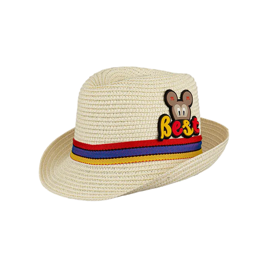Oil And Gaz kids' blue and beige buntal straw beach hat with a colorful band, wide brim, and playful front patch, ideal for summer sun protection and outdoor activities.