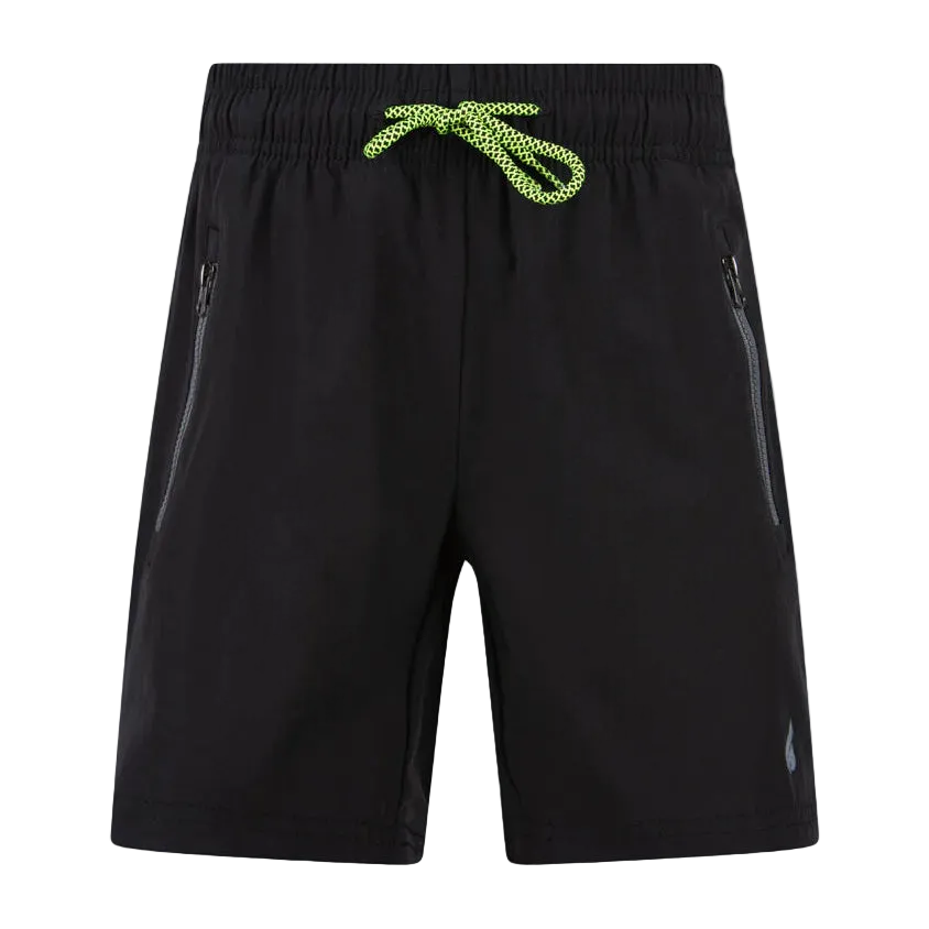 Oil And Gaz black boys' quick-dry swim shorts with adjustable green drawstring, zippered pockets, and breathable fabric for beach and pool activities.