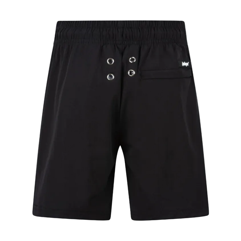 Oil And Gaz black boys' quick-dry swim shorts with adjustable green drawstring, zippered pockets, and breathable fabric for beach and pool 