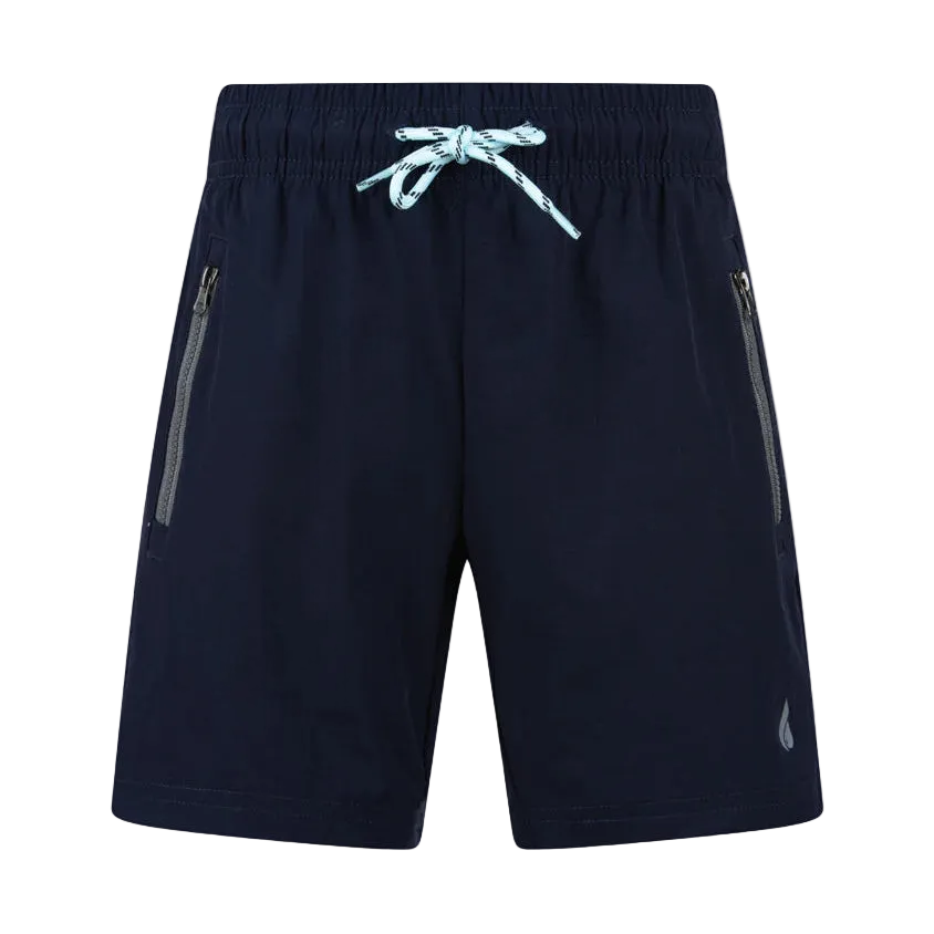 Oil And Gaz navy boys' quick-dry swim shorts with light blue adjustable drawstring, zippered side pockets, and breathable fabric for beach and pool activities.