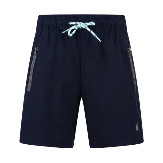 Oil And Gaz navy boys' quick-dry swim shorts with light blue adjustable drawstring, zippered side pockets, and breathable fabric for beach and pool activities.