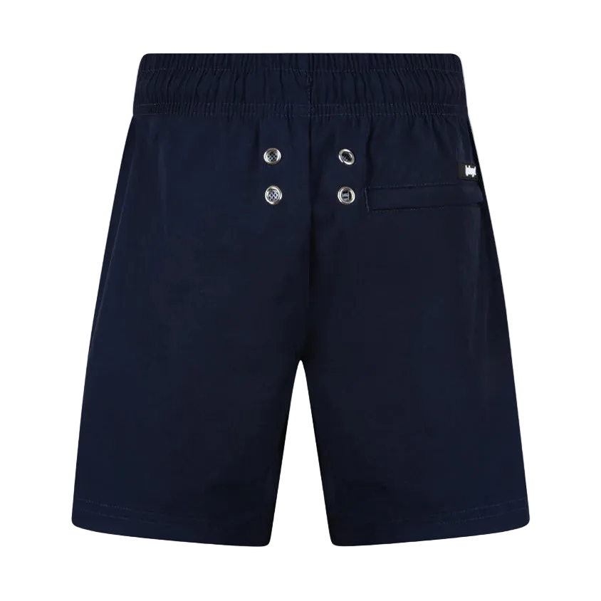 Oil And Gaz navy boys' quick-dry swim shorts with light blue adjustable drawstring, zippered side pockets, and breathable fabric for beach and pool activitie